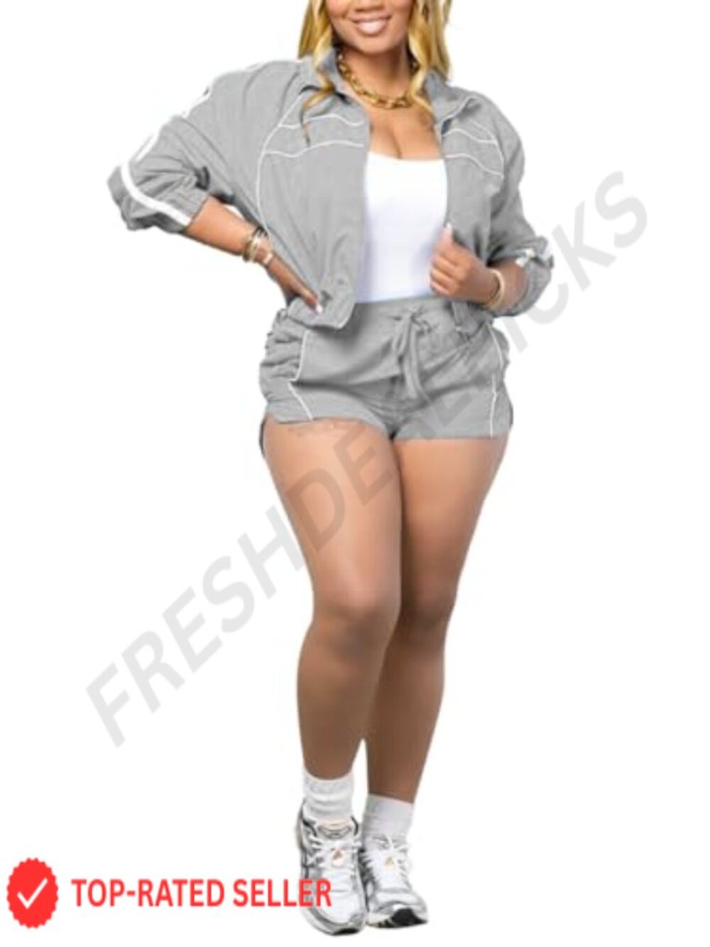 Women's 2 Piece Outfits Long Sleeve Zip Up Jacket Top & Drawstring Shorts